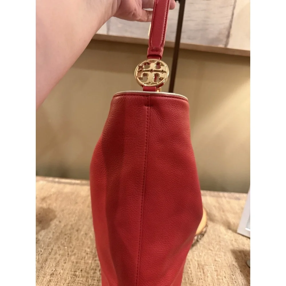 Tory Burch Duet Leather Hobo  Shoulder Bag in Cherry Apple New Ivory  $450